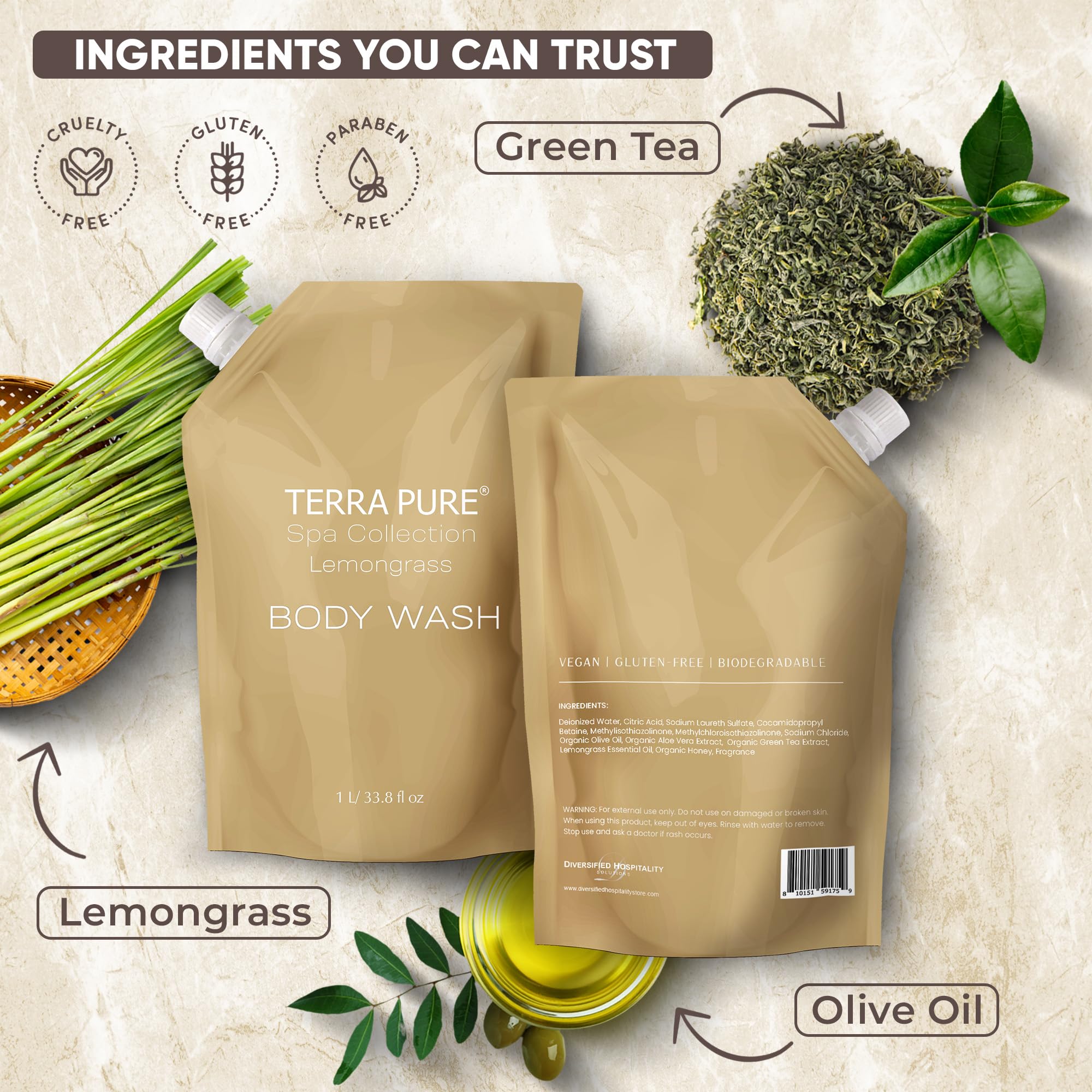 Terra Pure Spa Collection 1 Liter Body Wash Refill Bag For Soap Dispensers | Bulk Toiletries for Vacation Rentals, and Home Bathroom Showers | Green Tea Lemongrass | Single